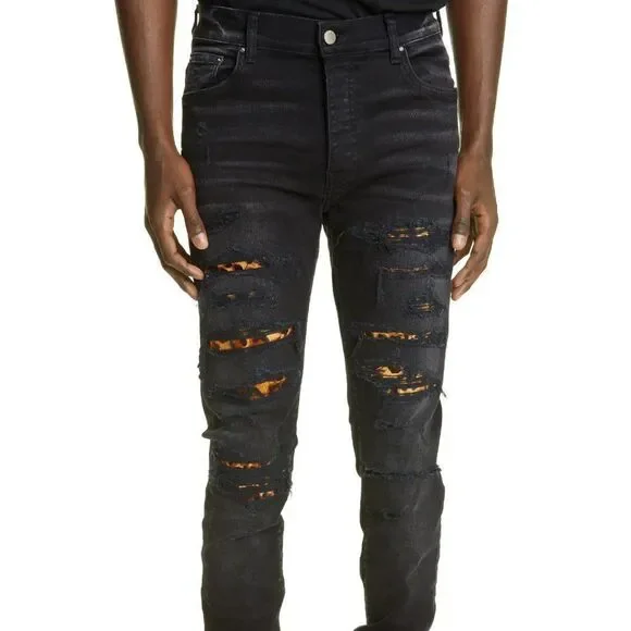 AMIRI Leopard Thrasher Ripped Skinny Jeans, sz 30 Aged Black - Picture 1 of 7